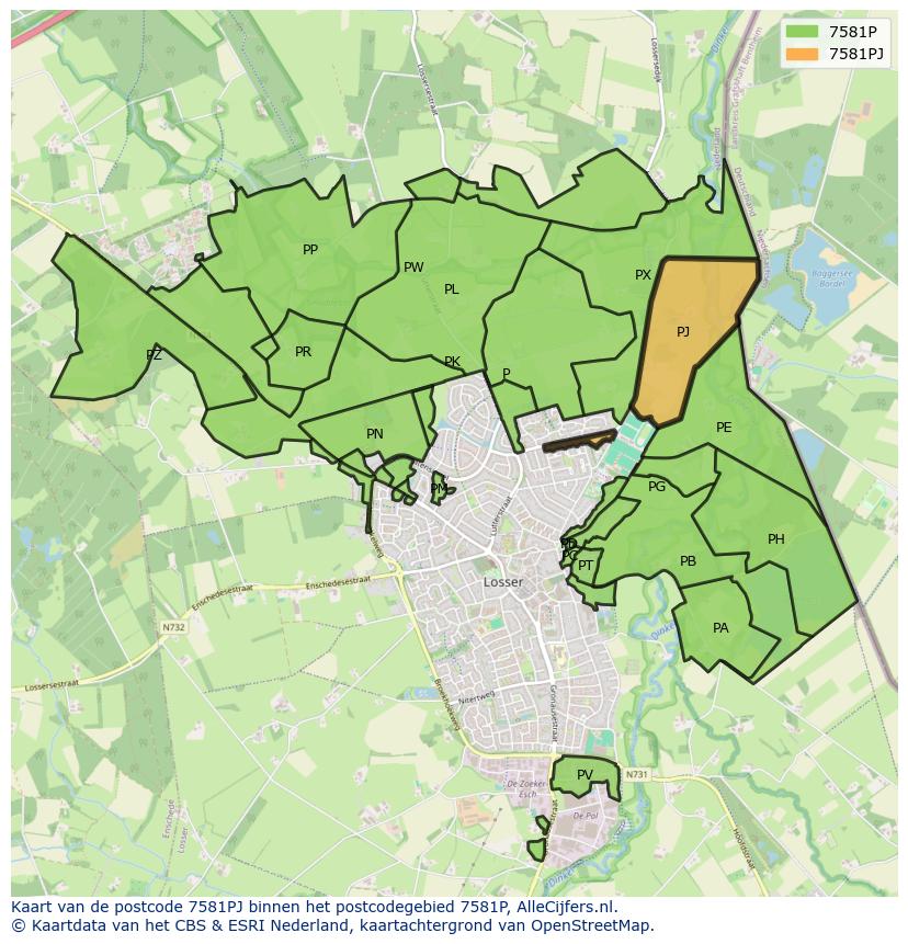 Afbeelding van het postcodegebied 7581 PJ op de kaart.
