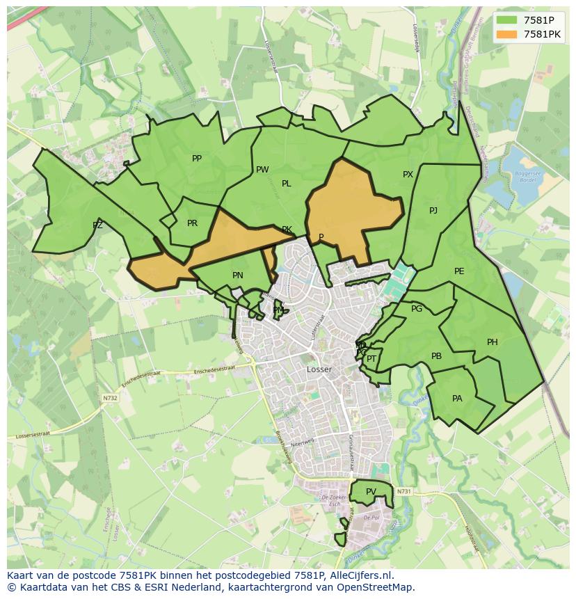 Afbeelding van het postcodegebied 7581 PK op de kaart.