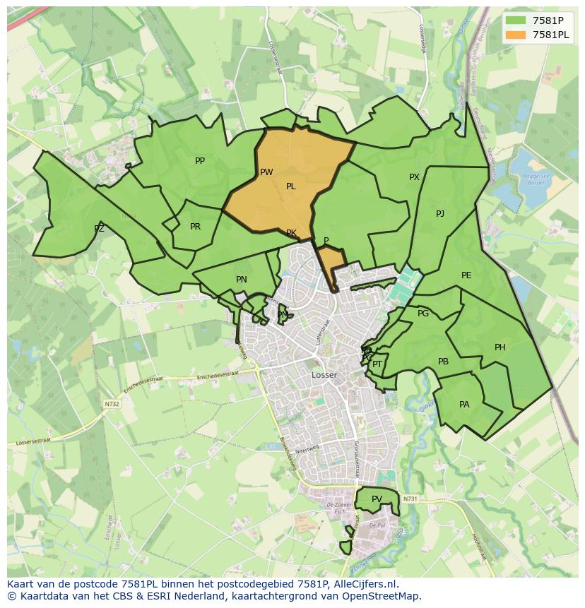 Afbeelding van het postcodegebied 7581 PL op de kaart.