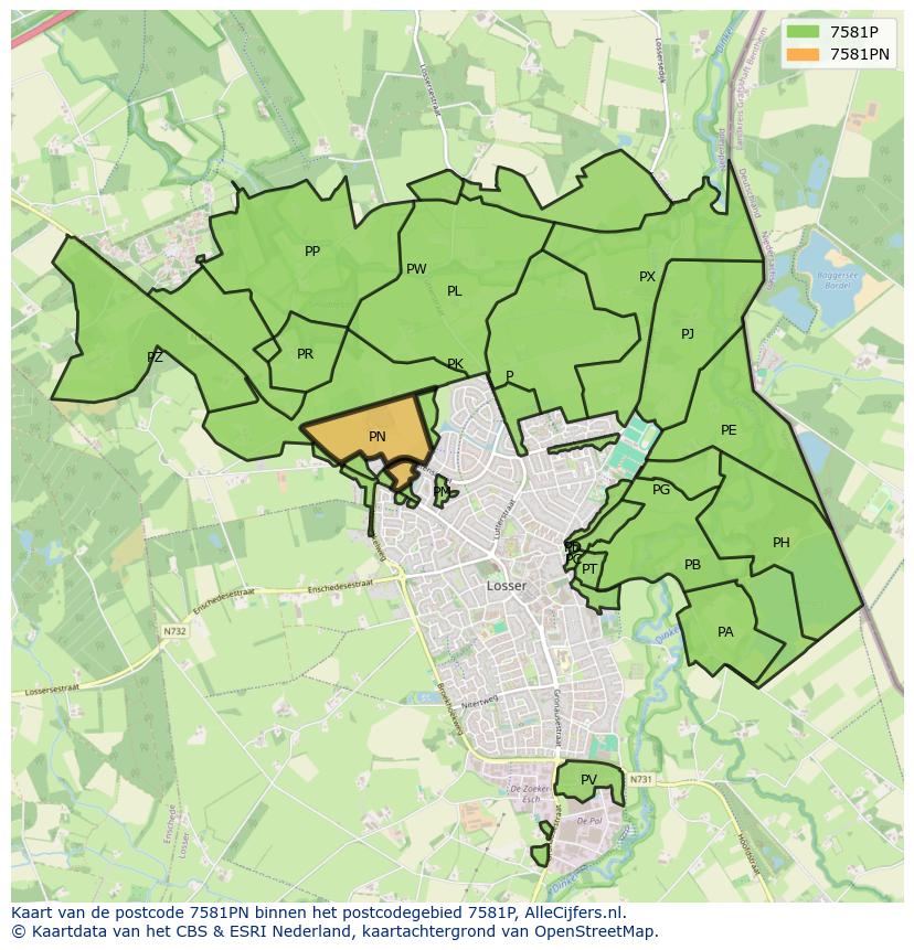 Afbeelding van het postcodegebied 7581 PN op de kaart.