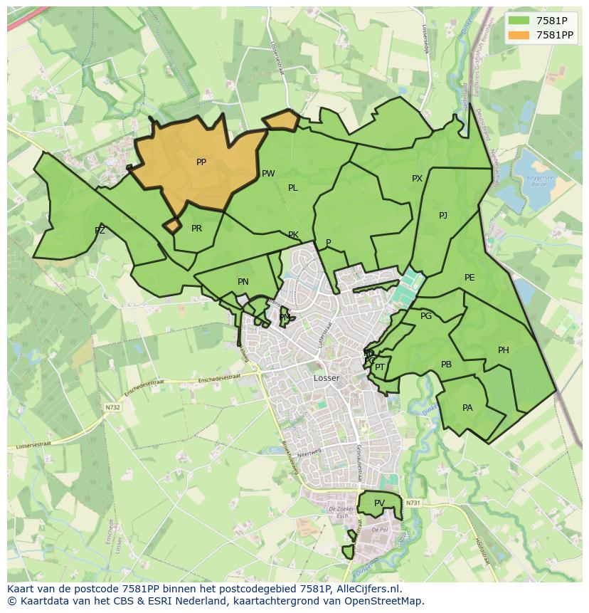 Afbeelding van het postcodegebied 7581 PP op de kaart.