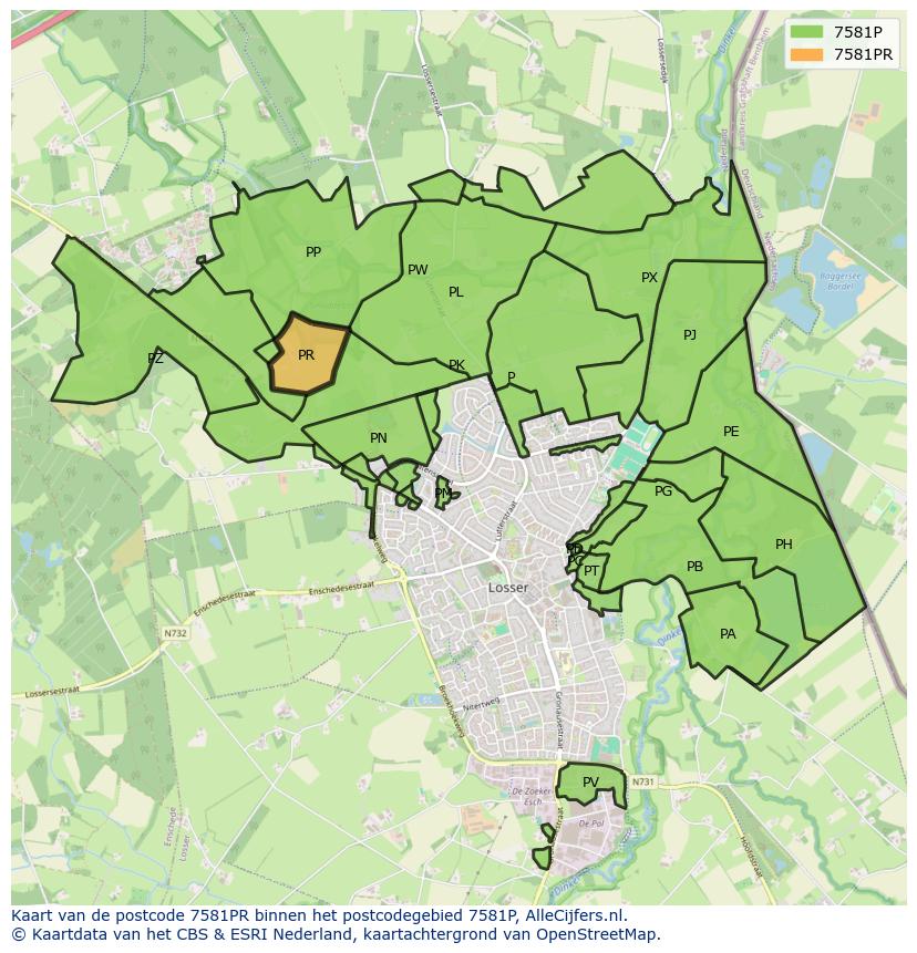 Afbeelding van het postcodegebied 7581 PR op de kaart.