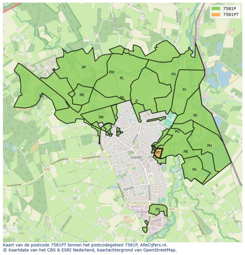 Afbeelding van het postcodegebied 7581 PT op de kaart.