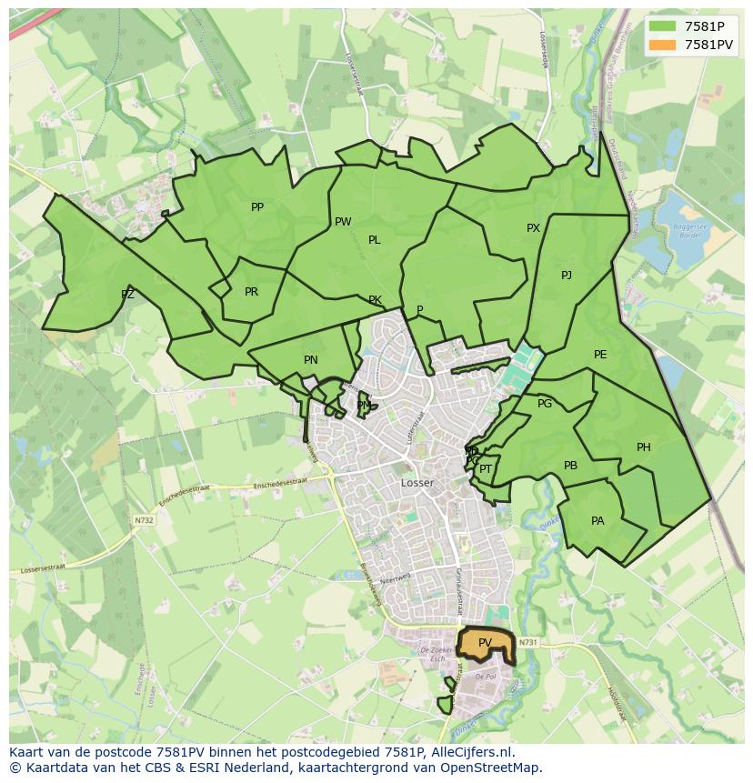 Afbeelding van het postcodegebied 7581 PV op de kaart.