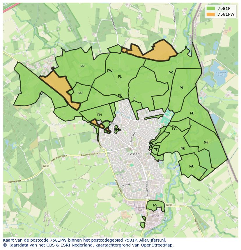 Afbeelding van het postcodegebied 7581 PW op de kaart.