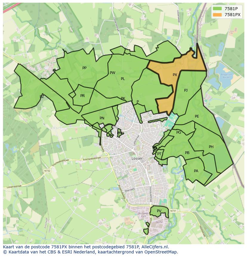 Afbeelding van het postcodegebied 7581 PX op de kaart.