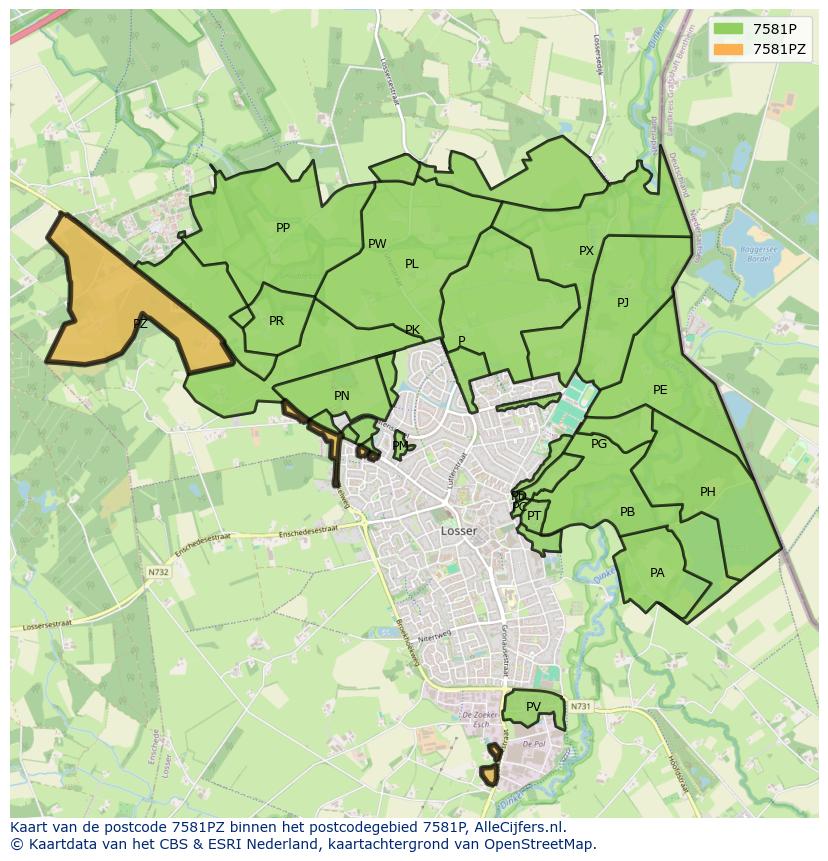 Afbeelding van het postcodegebied 7581 PZ op de kaart.