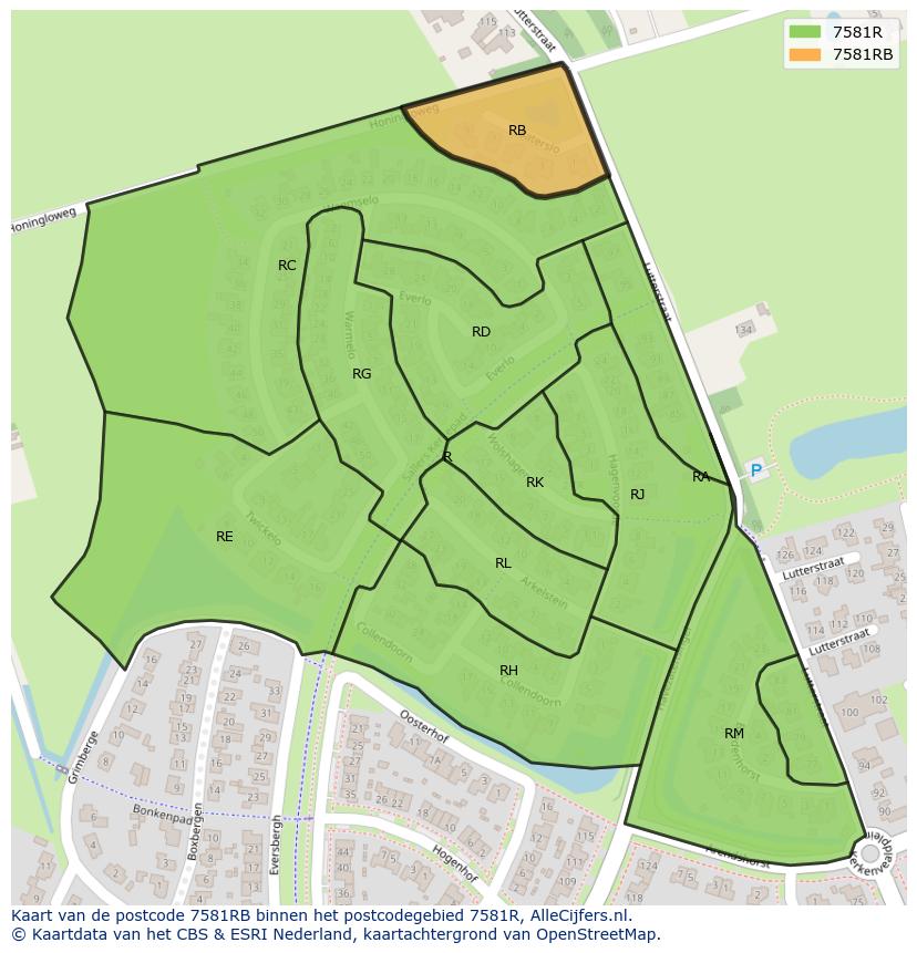 Afbeelding van het postcodegebied 7581 RB op de kaart.