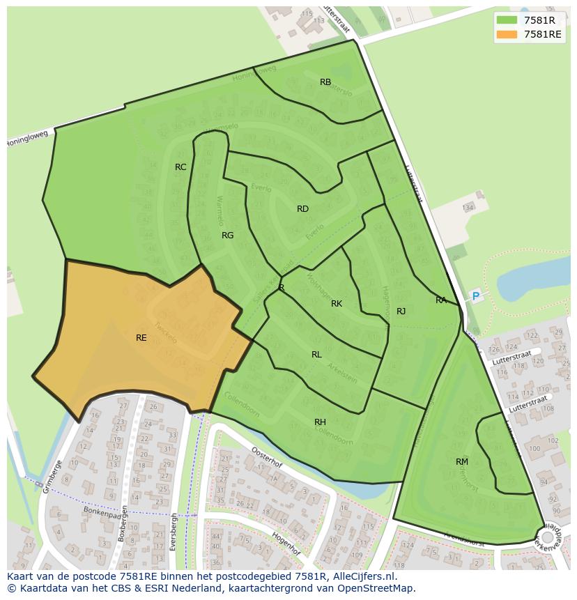 Afbeelding van het postcodegebied 7581 RE op de kaart.