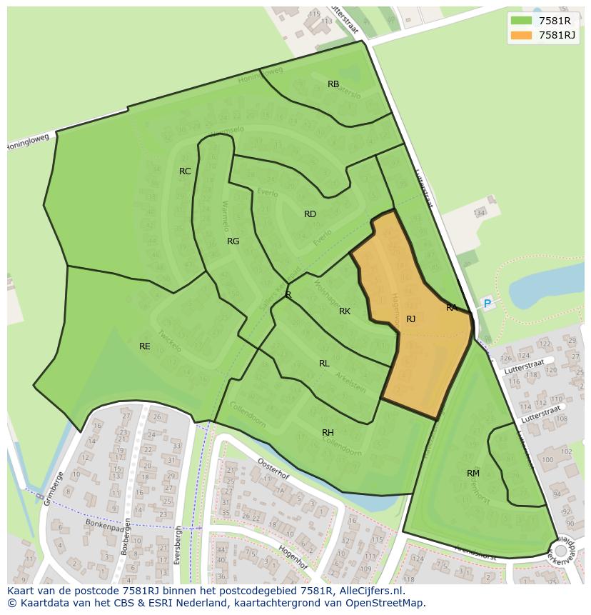Afbeelding van het postcodegebied 7581 RJ op de kaart.