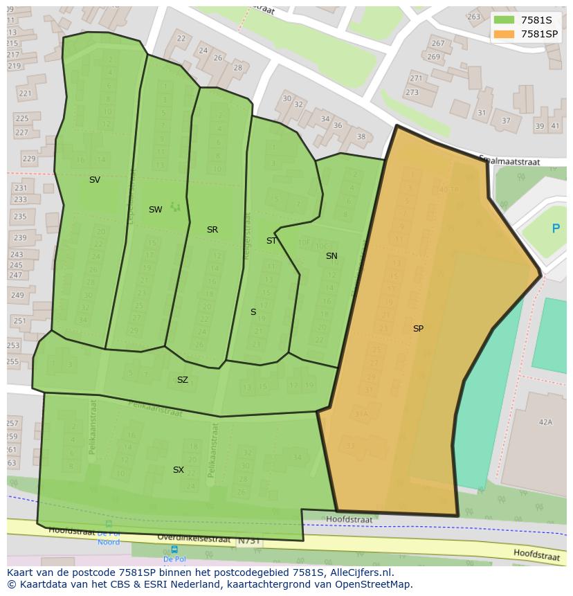 Afbeelding van het postcodegebied 7581 SP op de kaart.
