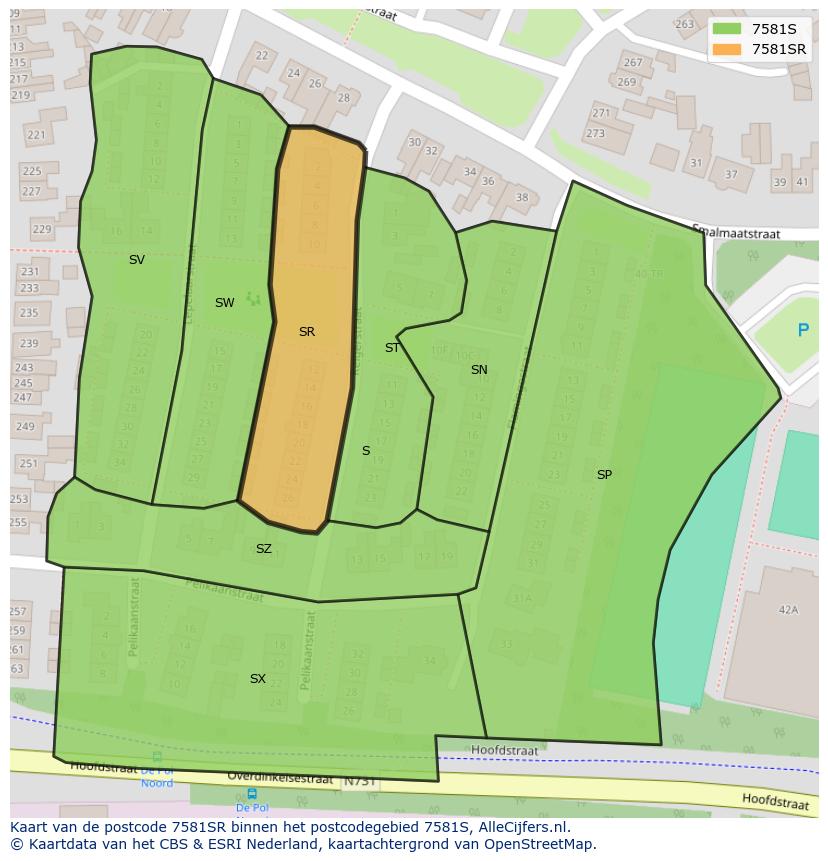 Afbeelding van het postcodegebied 7581 SR op de kaart.