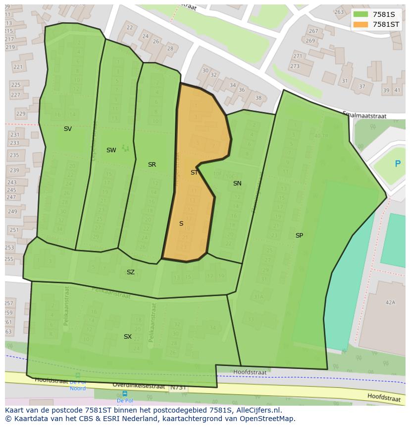 Afbeelding van het postcodegebied 7581 ST op de kaart.