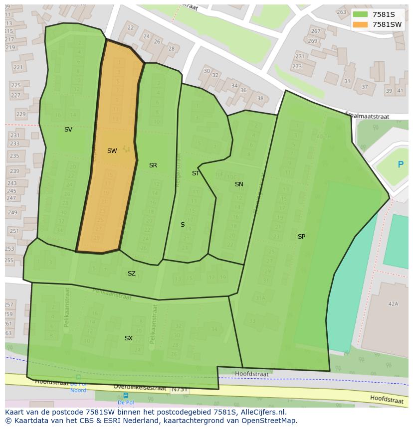 Afbeelding van het postcodegebied 7581 SW op de kaart.