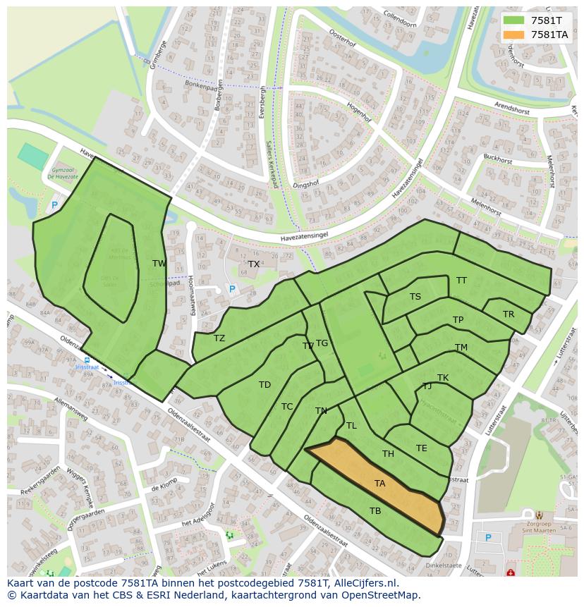 Afbeelding van het postcodegebied 7581 TA op de kaart.