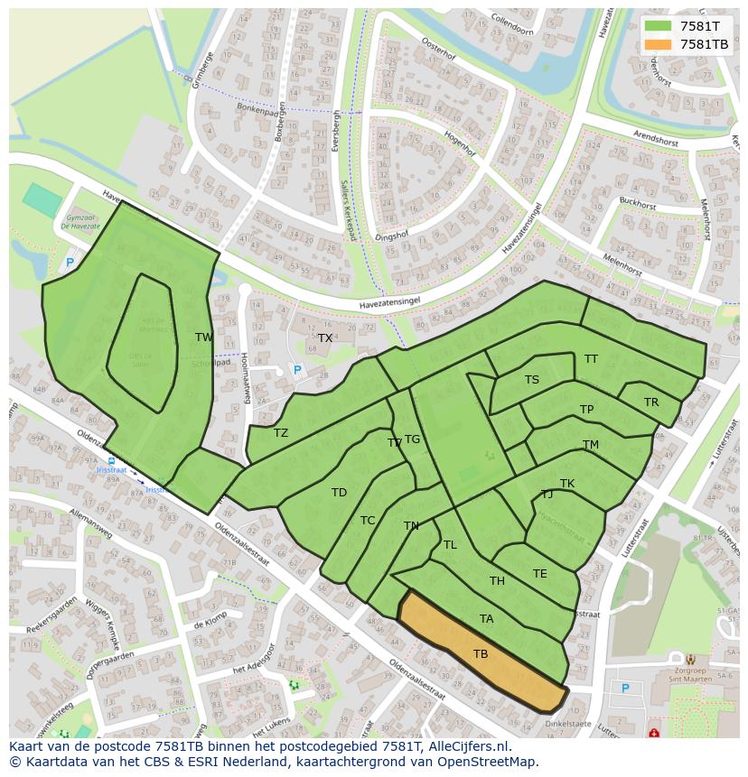 Afbeelding van het postcodegebied 7581 TB op de kaart.