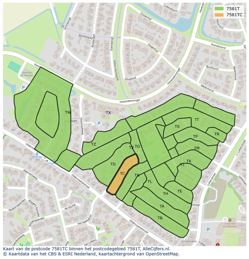 Afbeelding van het postcodegebied 7581 TC op de kaart.