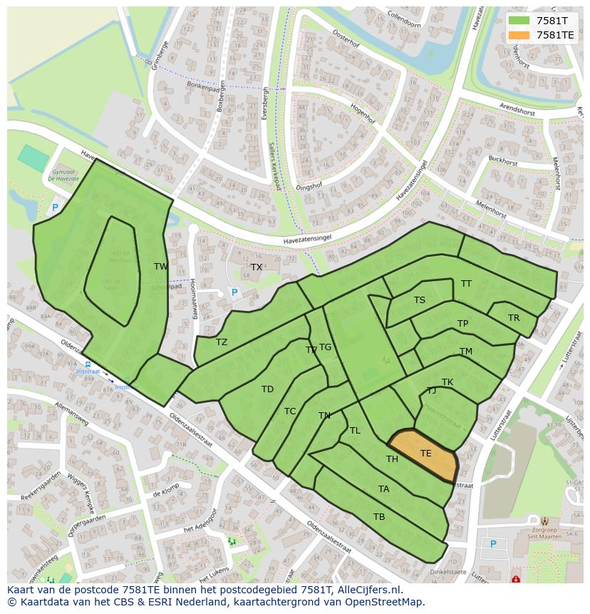Afbeelding van het postcodegebied 7581 TE op de kaart.