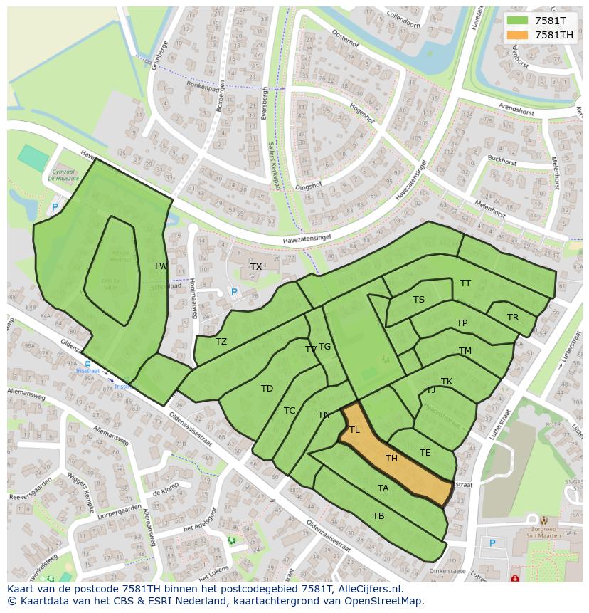 Afbeelding van het postcodegebied 7581 TH op de kaart.