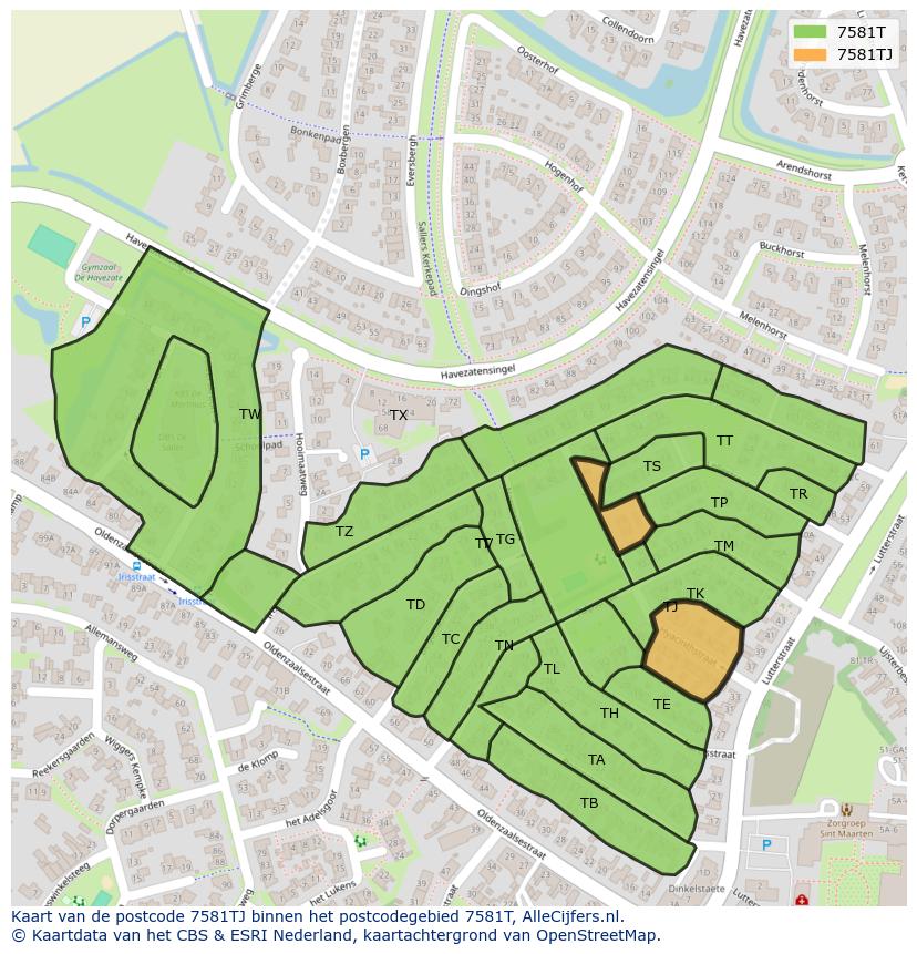Afbeelding van het postcodegebied 7581 TJ op de kaart.