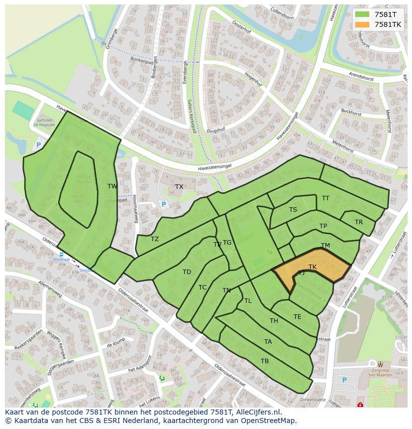 Afbeelding van het postcodegebied 7581 TK op de kaart.