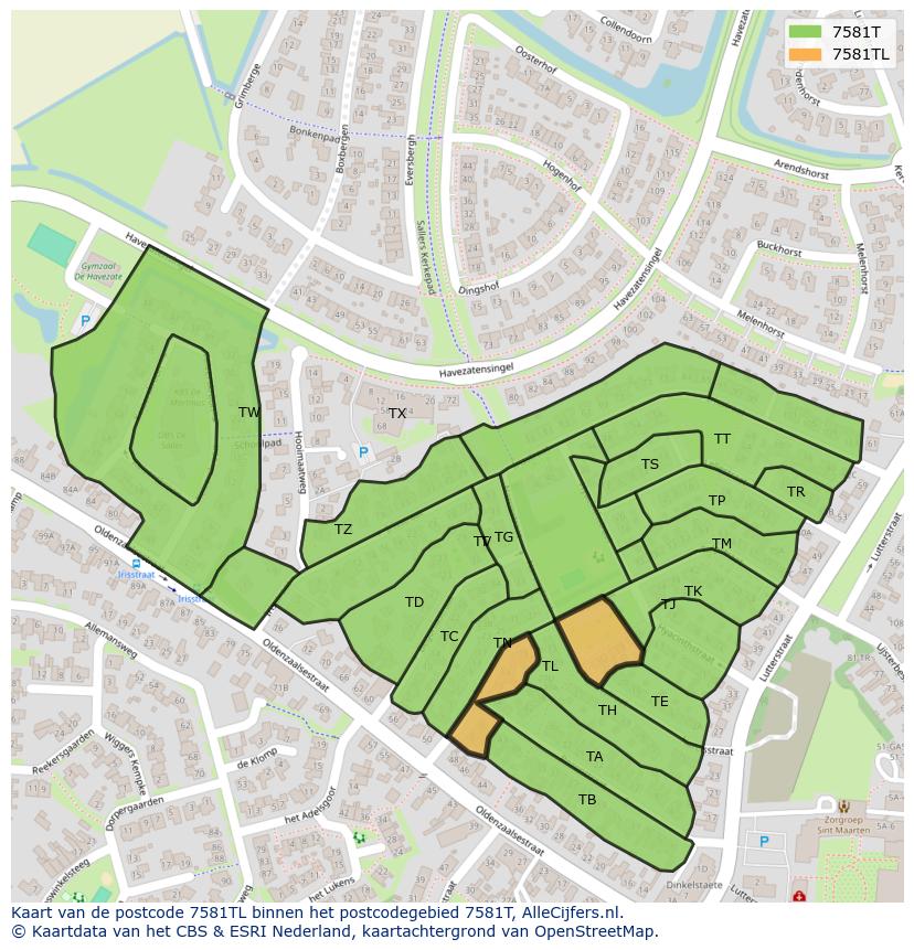 Afbeelding van het postcodegebied 7581 TL op de kaart.