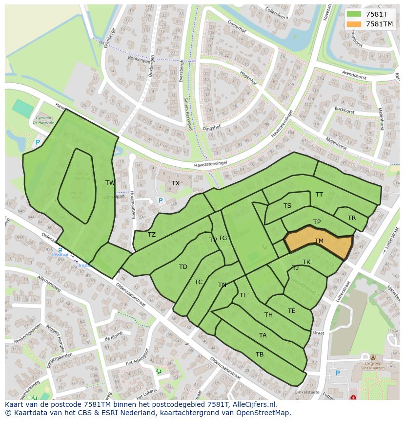 Afbeelding van het postcodegebied 7581 TM op de kaart.