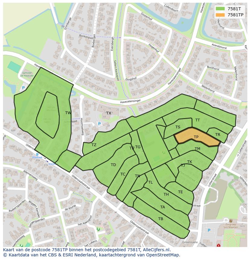 Afbeelding van het postcodegebied 7581 TP op de kaart.