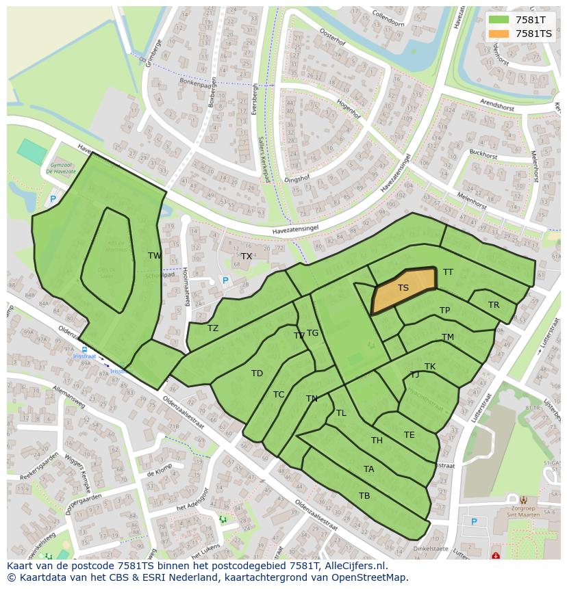 Afbeelding van het postcodegebied 7581 TS op de kaart.