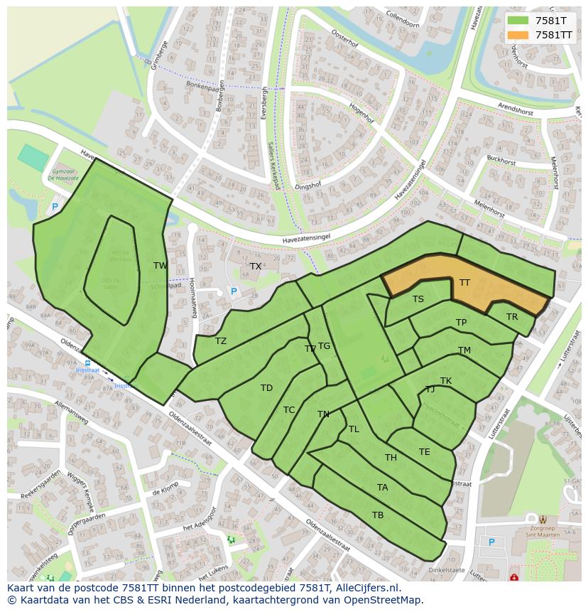 Afbeelding van het postcodegebied 7581 TT op de kaart.