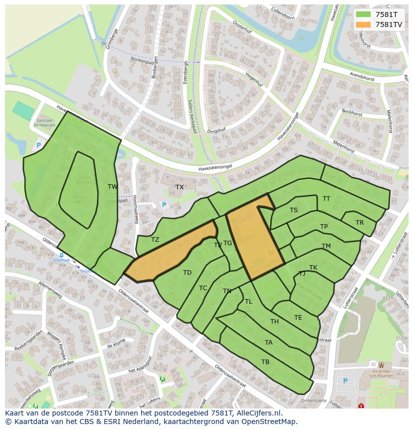 Afbeelding van het postcodegebied 7581 TV op de kaart.