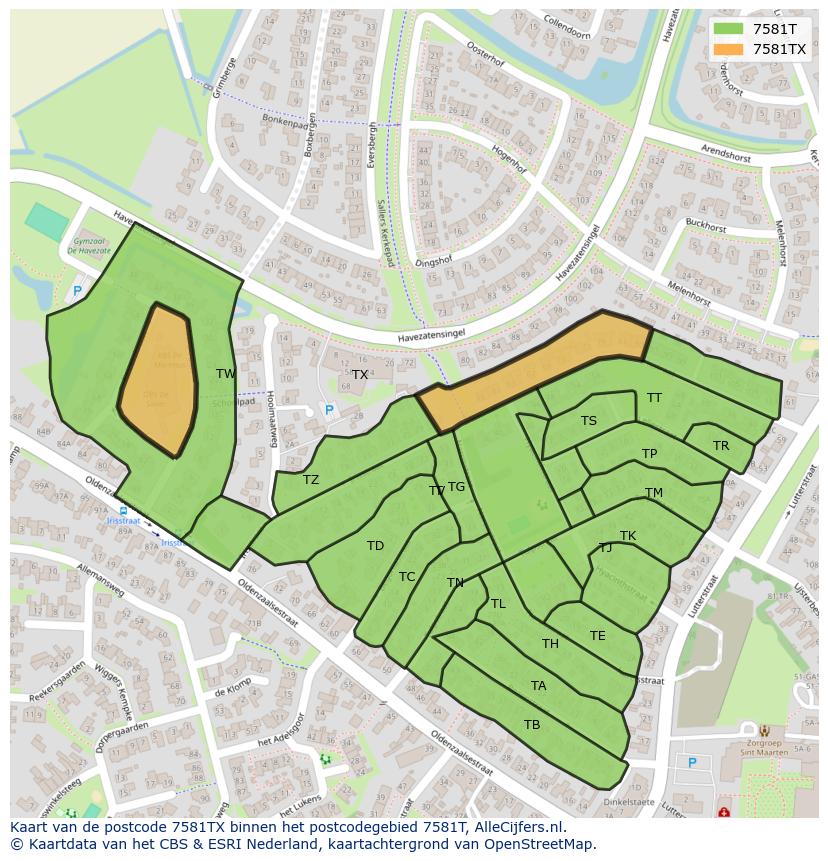 Afbeelding van het postcodegebied 7581 TX op de kaart.