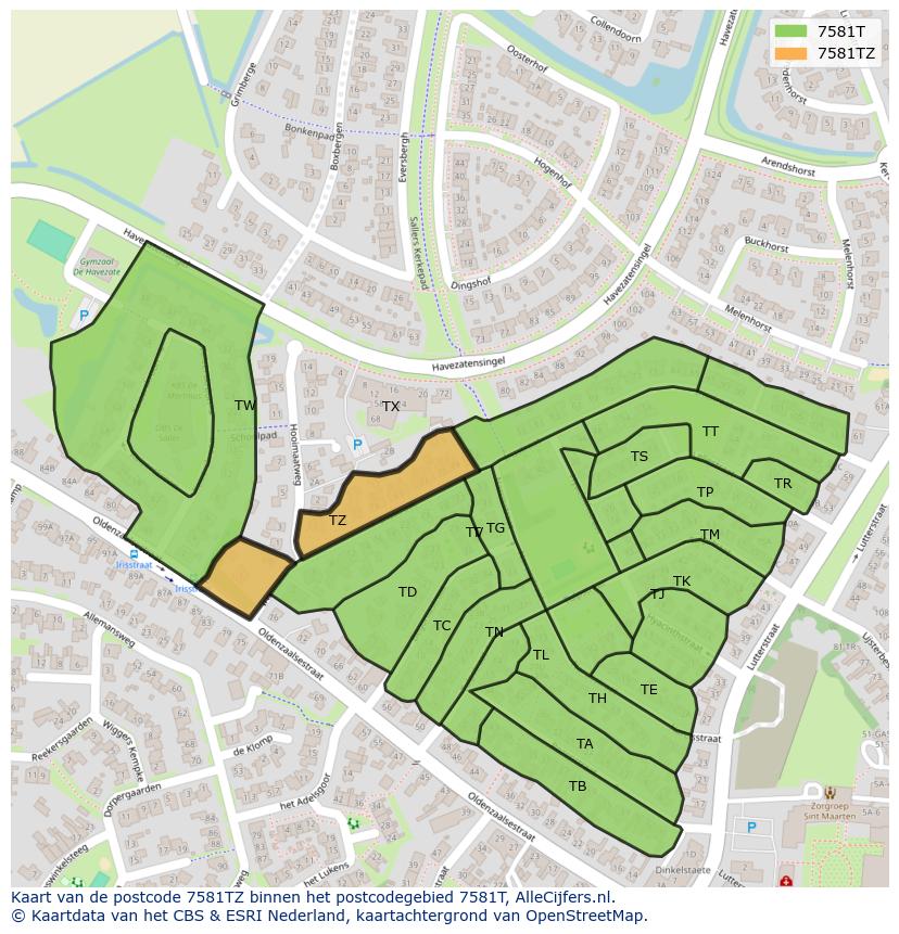 Afbeelding van het postcodegebied 7581 TZ op de kaart.