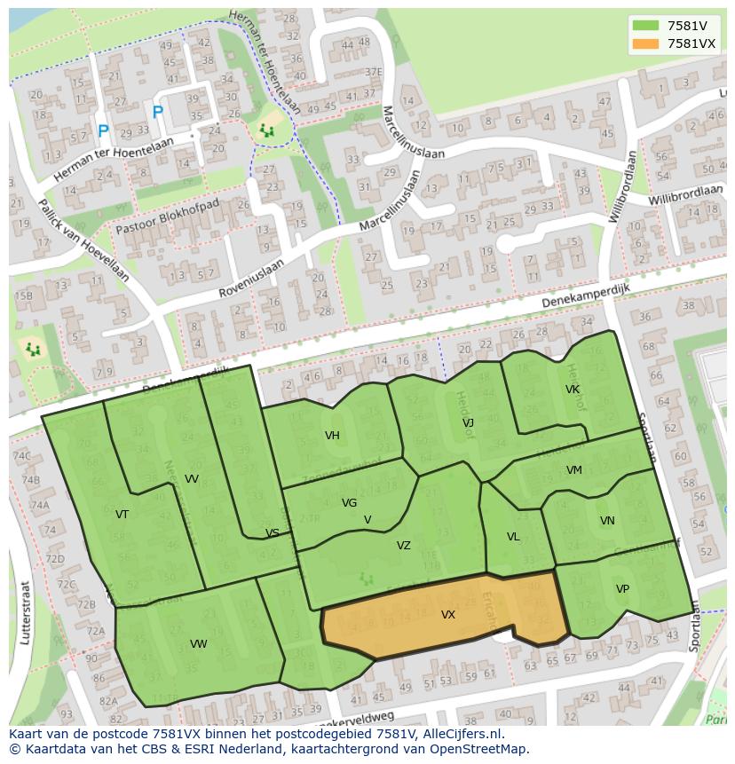 Afbeelding van het postcodegebied 7581 VX op de kaart.