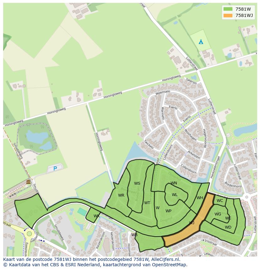 Afbeelding van het postcodegebied 7581 WJ op de kaart.