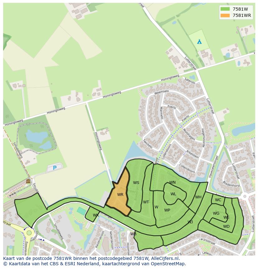 Afbeelding van het postcodegebied 7581 WR op de kaart.