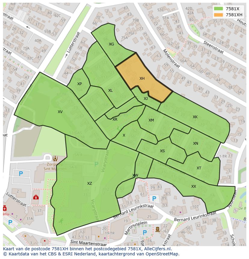 Afbeelding van het postcodegebied 7581 XH op de kaart.