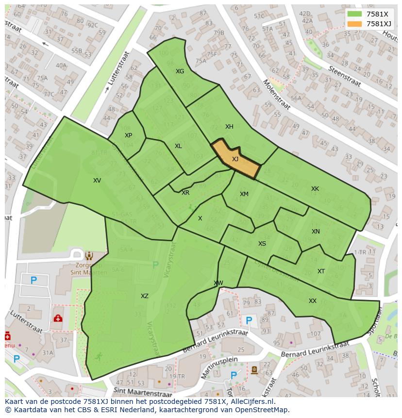 Afbeelding van het postcodegebied 7581 XJ op de kaart.