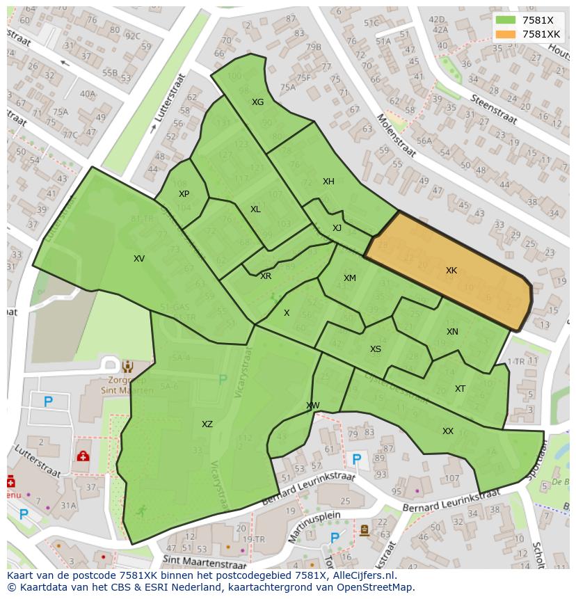 Afbeelding van het postcodegebied 7581 XK op de kaart.