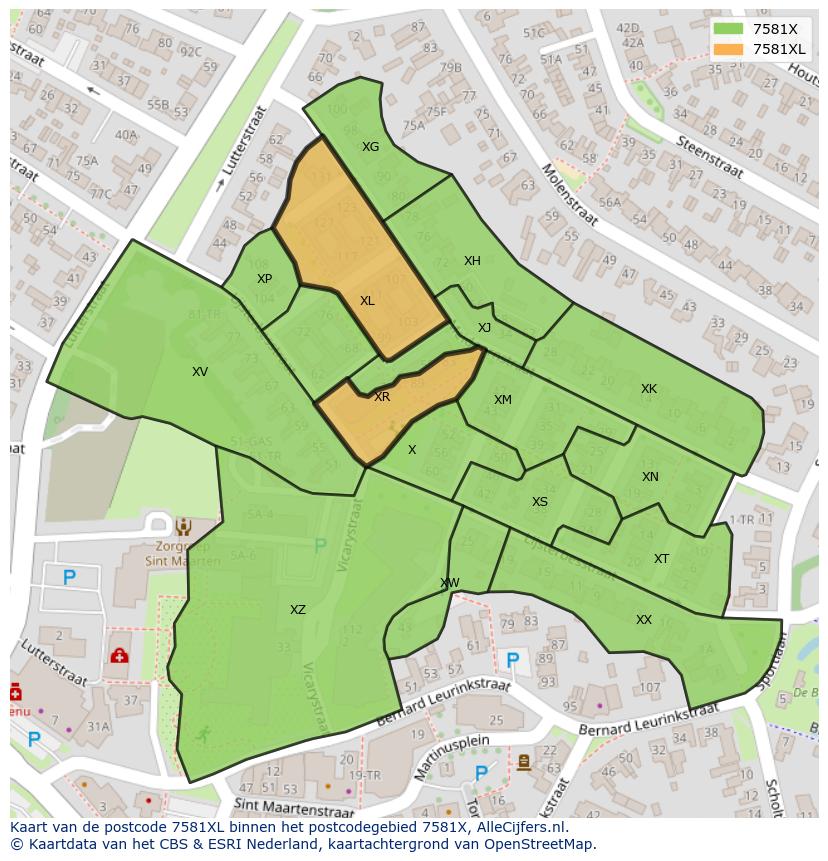 Afbeelding van het postcodegebied 7581 XL op de kaart.