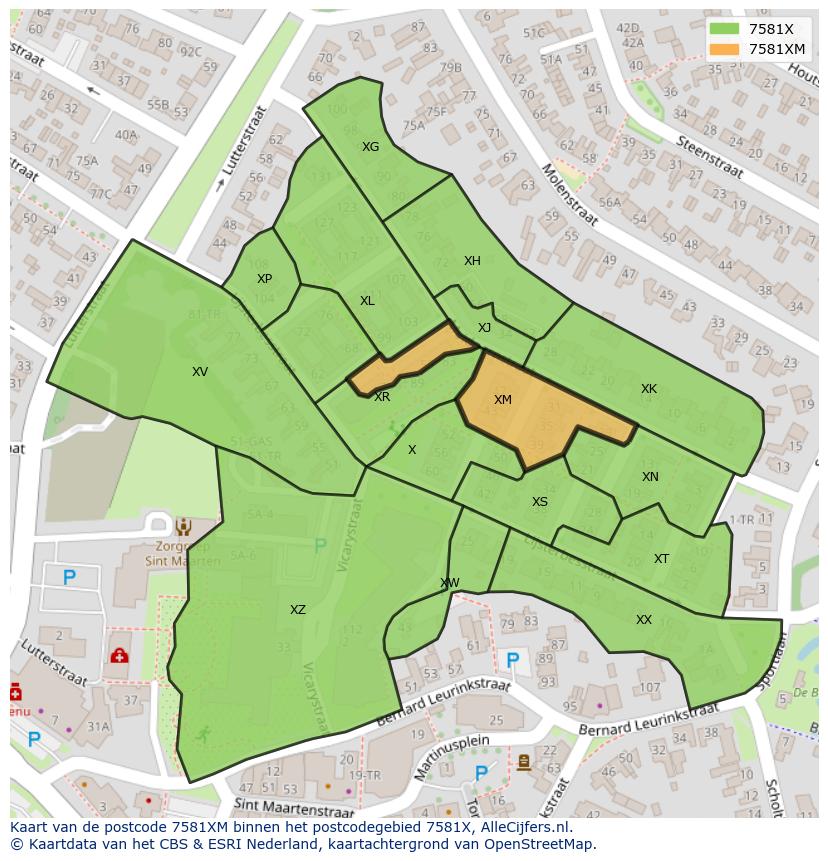 Afbeelding van het postcodegebied 7581 XM op de kaart.