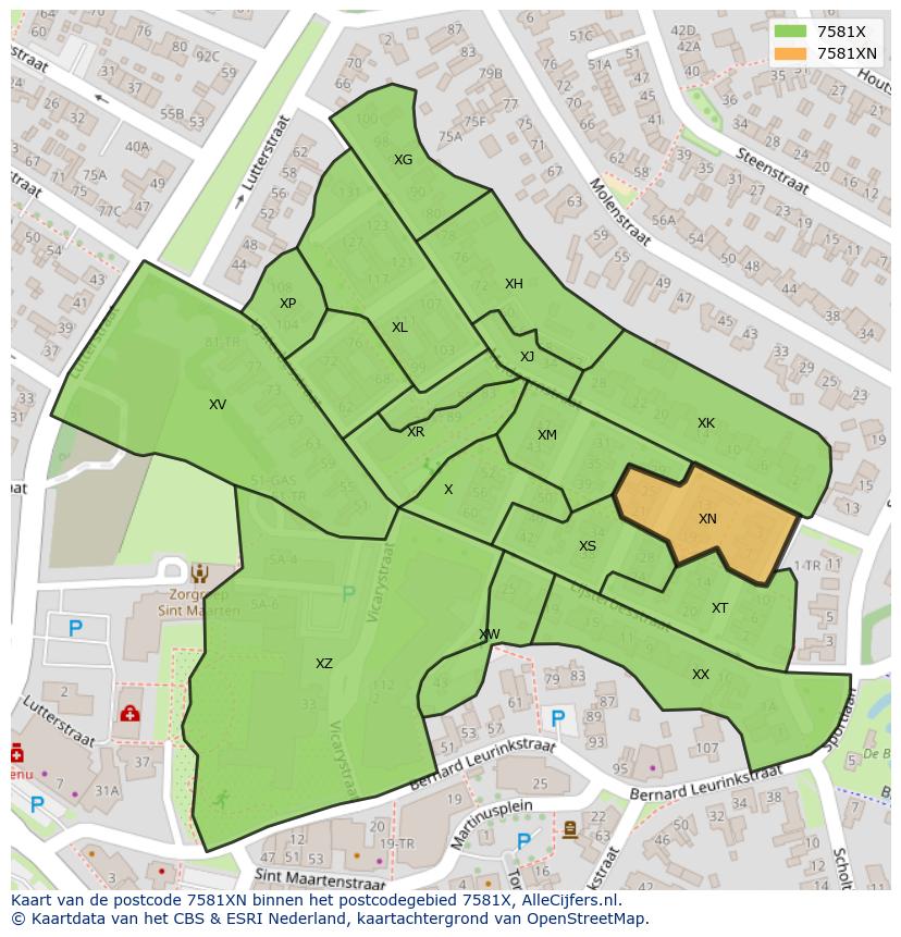 Afbeelding van het postcodegebied 7581 XN op de kaart.