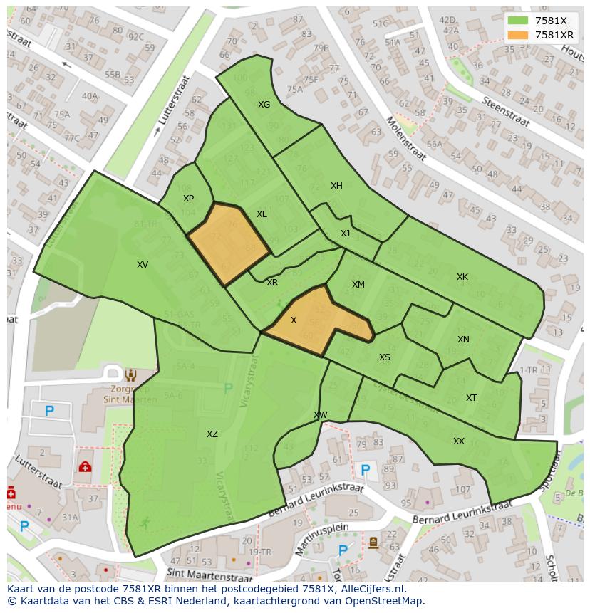 Afbeelding van het postcodegebied 7581 XR op de kaart.
