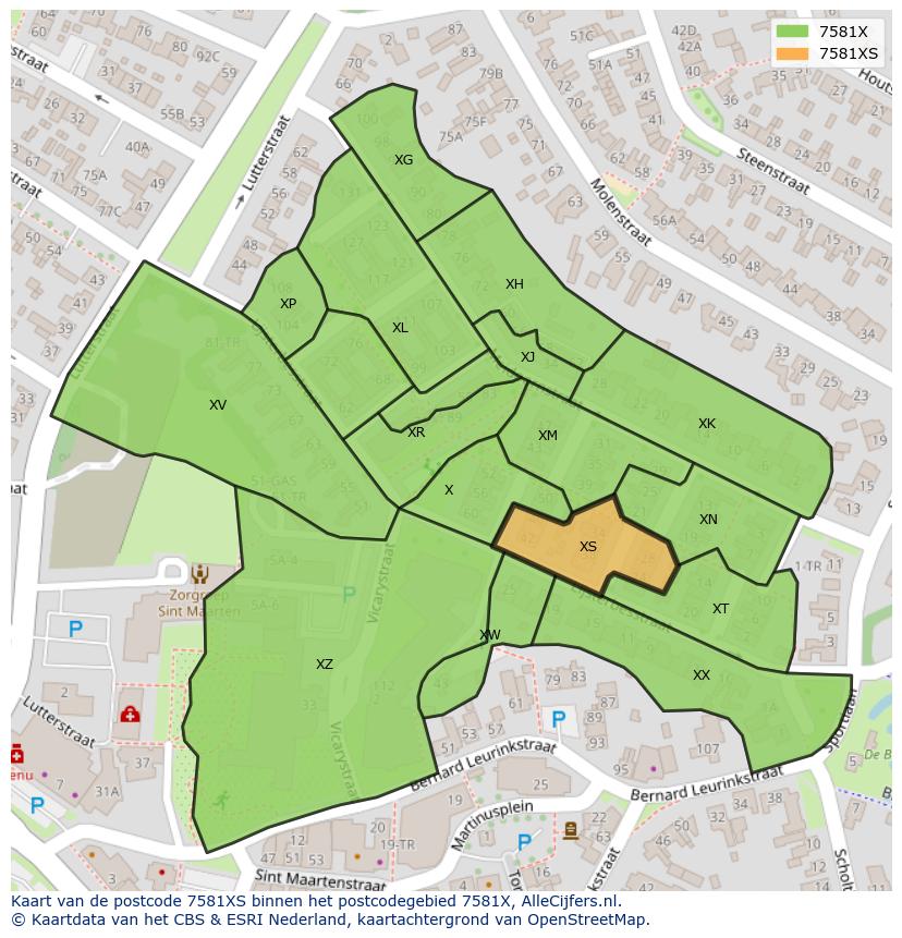 Afbeelding van het postcodegebied 7581 XS op de kaart.