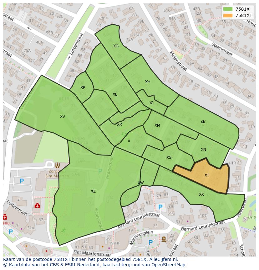Afbeelding van het postcodegebied 7581 XT op de kaart.