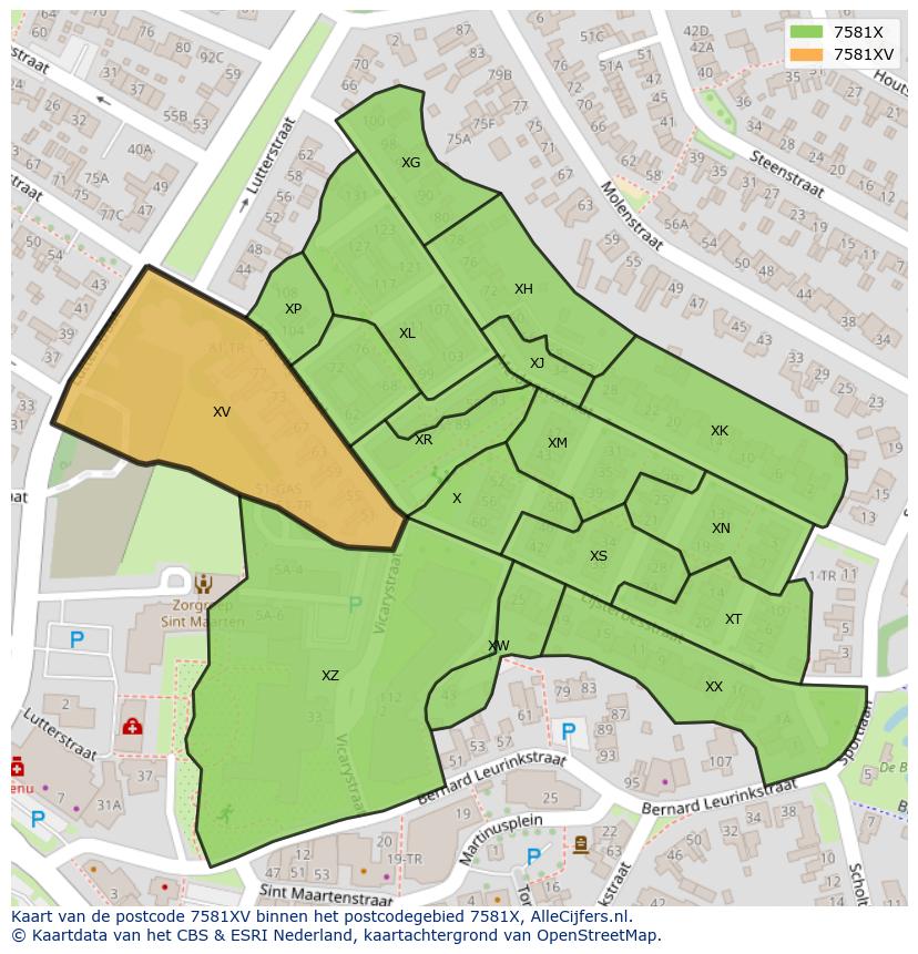 Afbeelding van het postcodegebied 7581 XV op de kaart.