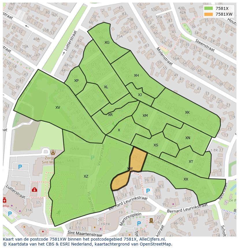 Afbeelding van het postcodegebied 7581 XW op de kaart.