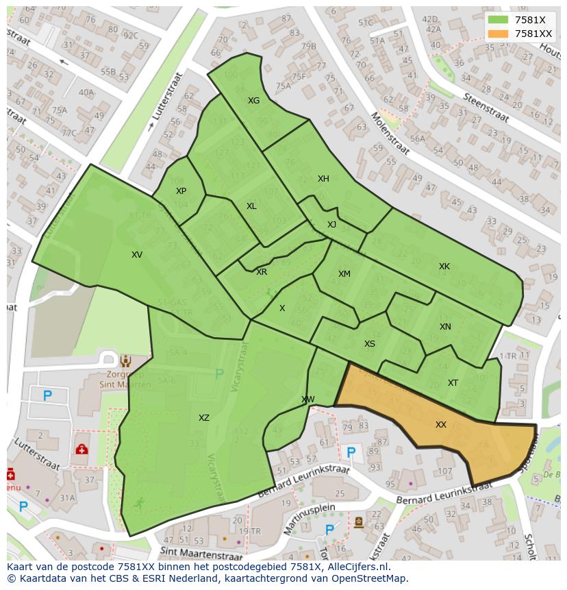 Afbeelding van het postcodegebied 7581 XX op de kaart.