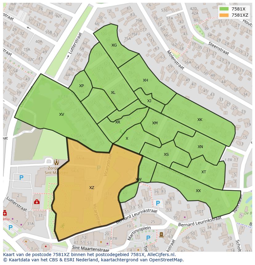 Afbeelding van het postcodegebied 7581 XZ op de kaart.