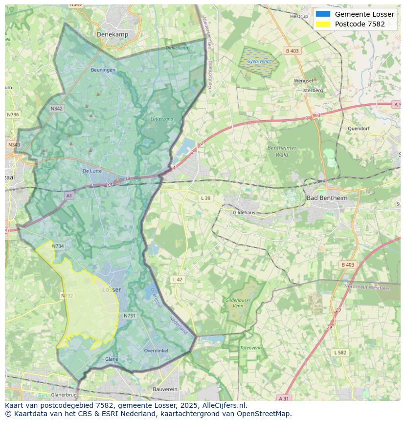 Afbeelding van het postcodegebied 7582 op de kaart.